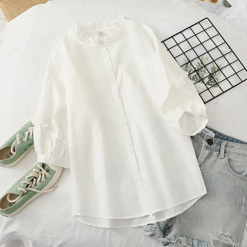 Hsa Blouses for Women Fashion White Shirts Peter Pan Collar Cute Pink Pure Cotton Summer Top Chic Harajuku Blouse 210417