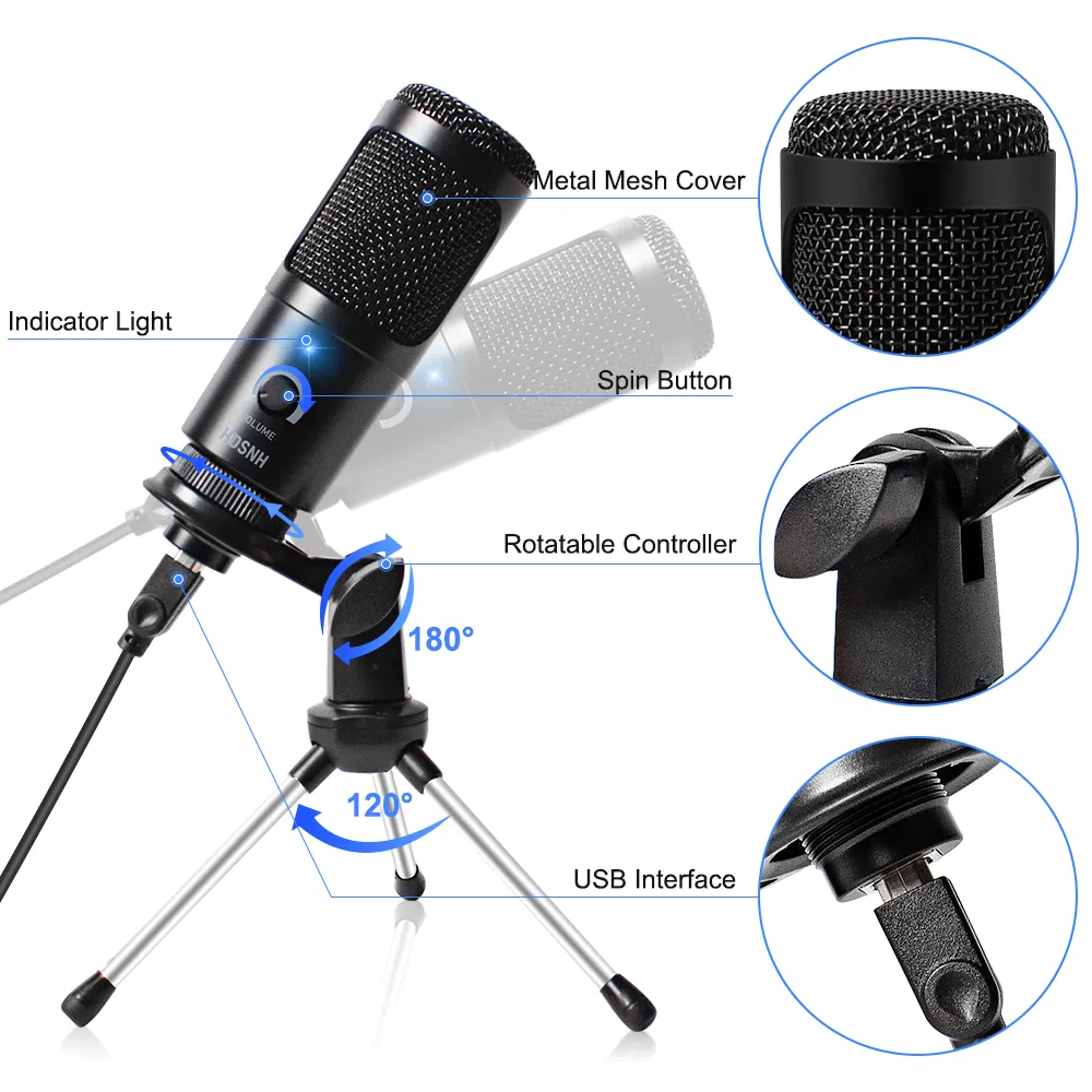 Microfone usb condensador d80 gravação miccom suporte e anel de luz para pc karaokê streaming podcasting para youtube1352973