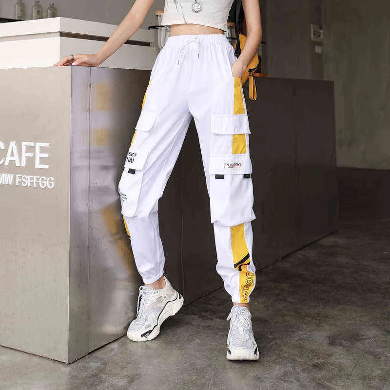 YBYR Damen Hohe Taille Cargohose Mode Sport Lose Harajuku Patchwork BF Elastics Hosen Streetwear 211124