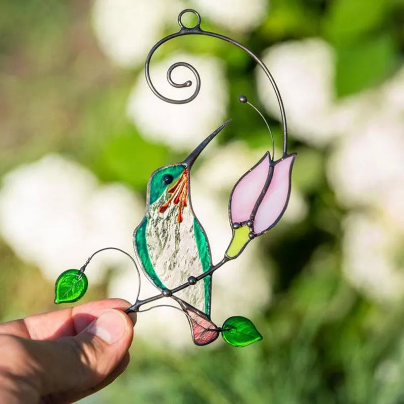 Trädgårdsdekorationer hemtillbehör kreativitet målat glas kolibri dekoration elegant tropisk hängande fågelstaket dörr pend225j