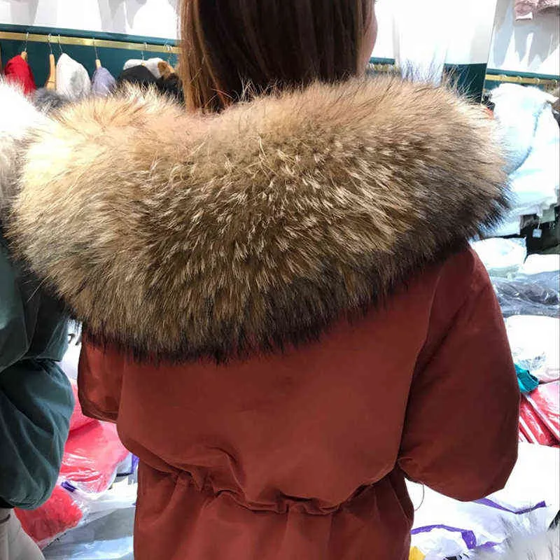 Janveny Huge Raccoon Fur Collar Hooded Short Female Winter Feather Down Coat Women 90% Duck Jacket Puffer Parka 211216