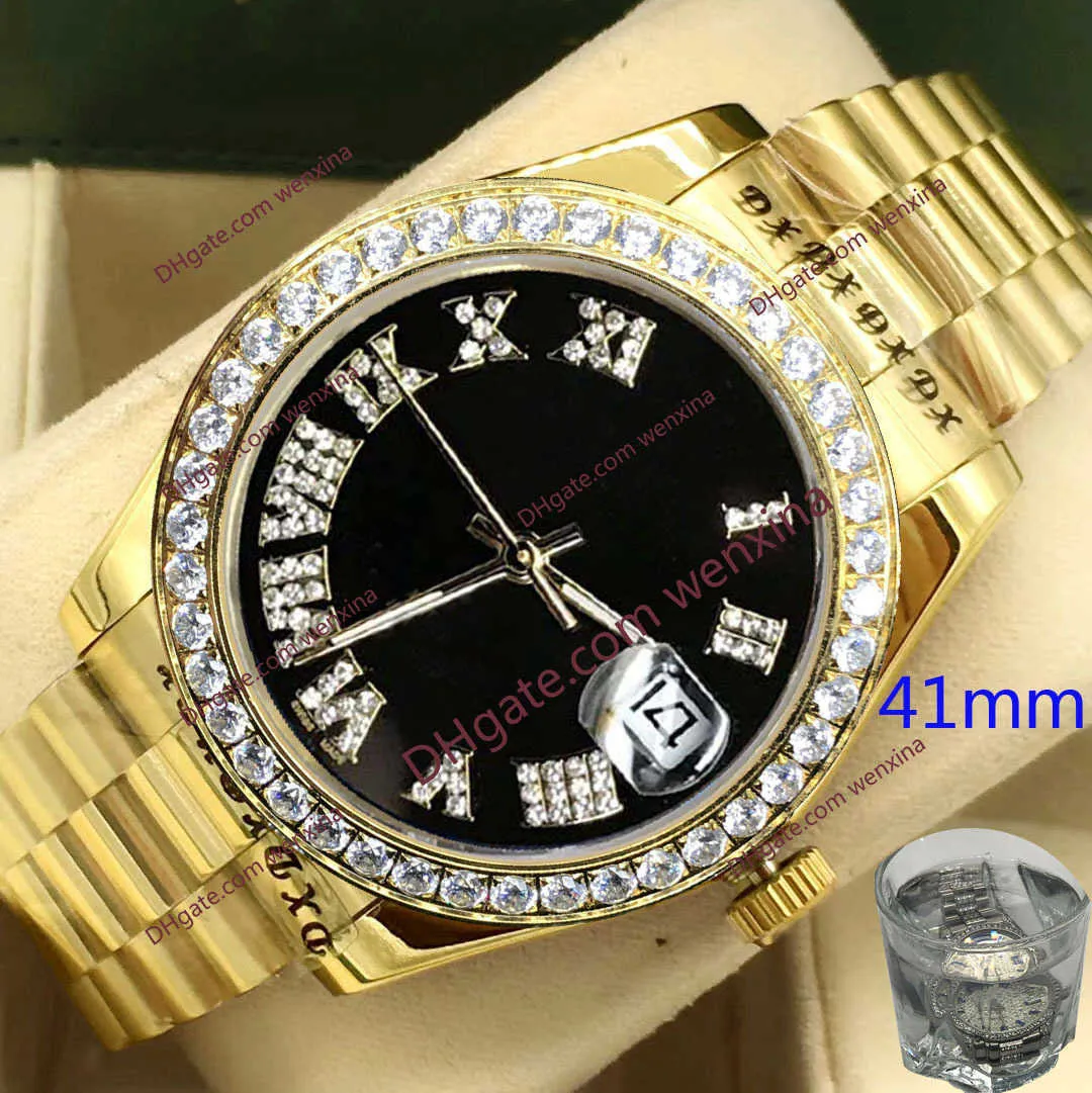 Orologi da uomo Orologio con diamanti i di alta qualità 41 mm guscio in oro con montre de luxe nero 2813 numeri romani acciaio automatico Wa217K
