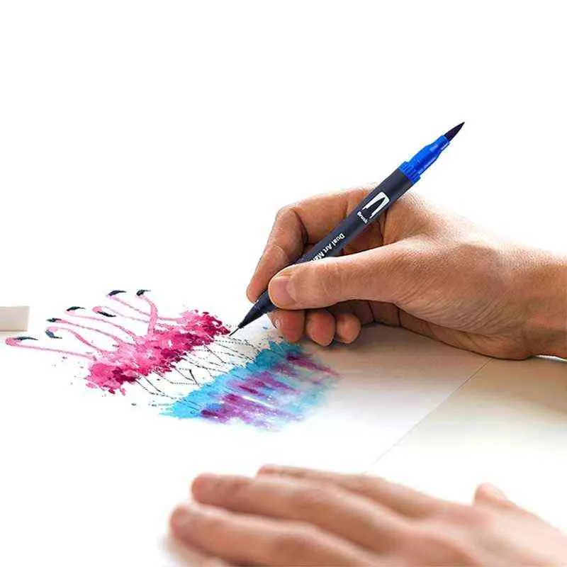 24 couleurs aquarelle stylos dessin peinture double pointe pinceau Art marqueurs stylo pour coloriage, croquis, 211104