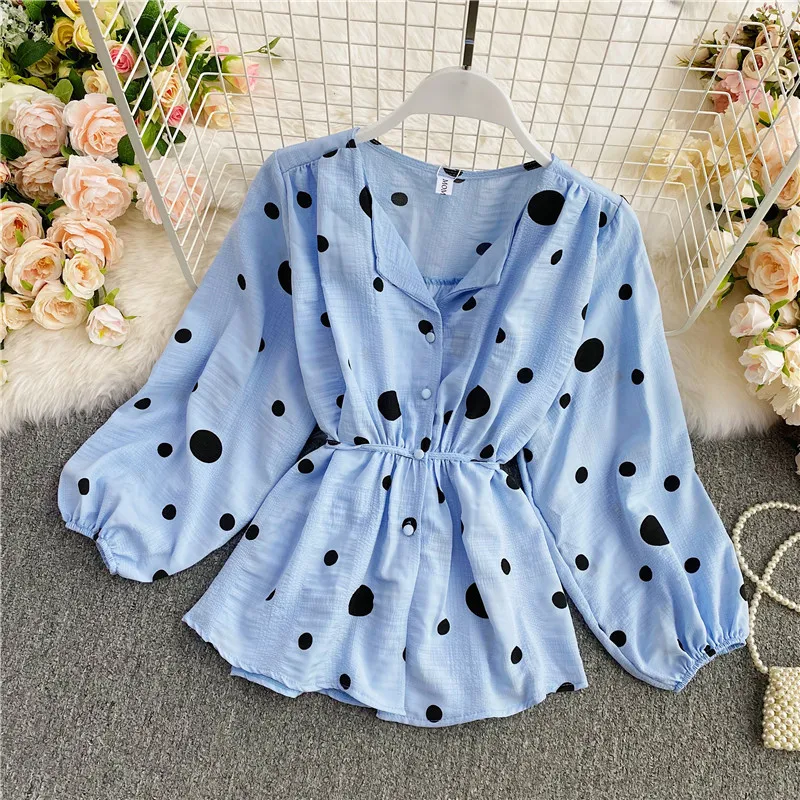 Dames onregelmatige blouse polka dot chiffon shirts herfst Franse puff mouw gesneden taille allmatch vrouwelijke blusa tops pl521 210401