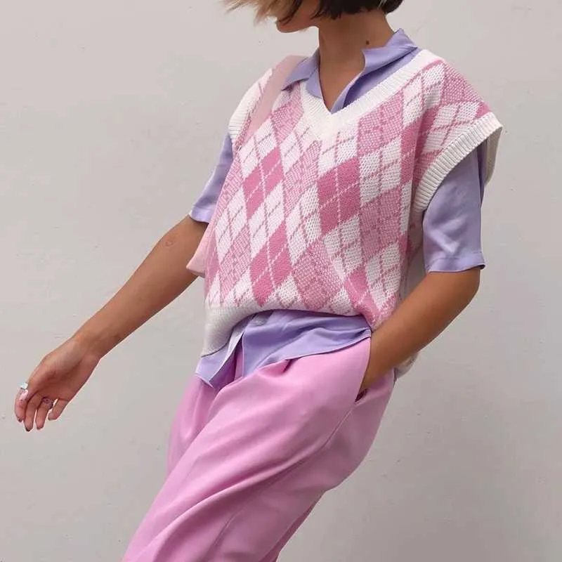 Y2K Vintage Argyle Maglione Gilet anni '90 Donna senza maniche con scollo a V Maglione rosa Plaid lavorato a maglia Pullover Autunno Inverno Abbigliamento femminile Y0825
