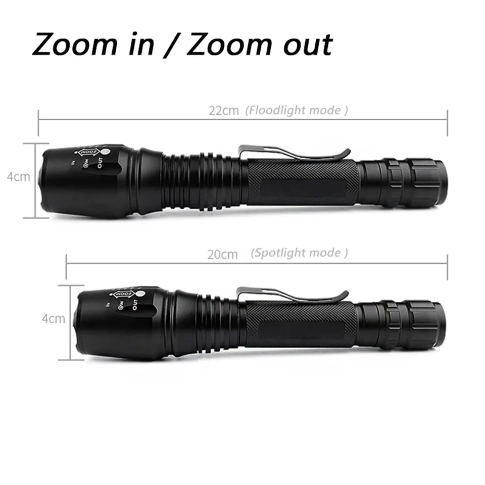 Wysoka jakość Latarka LED Taktyczna XM-L2 Zoomable 18650 Akumulator Wodoodporna włóknica do żarówek myśliwskich 5 trybów Latarnia