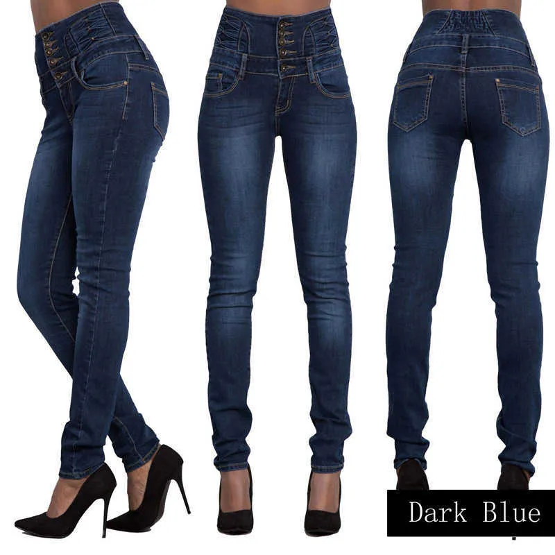 Kvinnor Jeans Ankomst Denim Pencil Byxor Stretch High Waist Button Slim Fit Skinny Elegant Ladies Kläder 210708