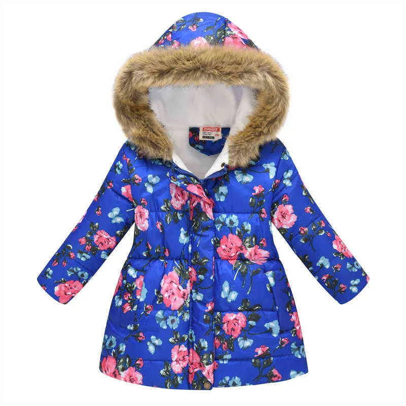 Thicken Winter Girls Jackets Fashion Printed Hooded Outerwear For Kids Internal Plus Velvet Warm Coats Christmas Present 211203
