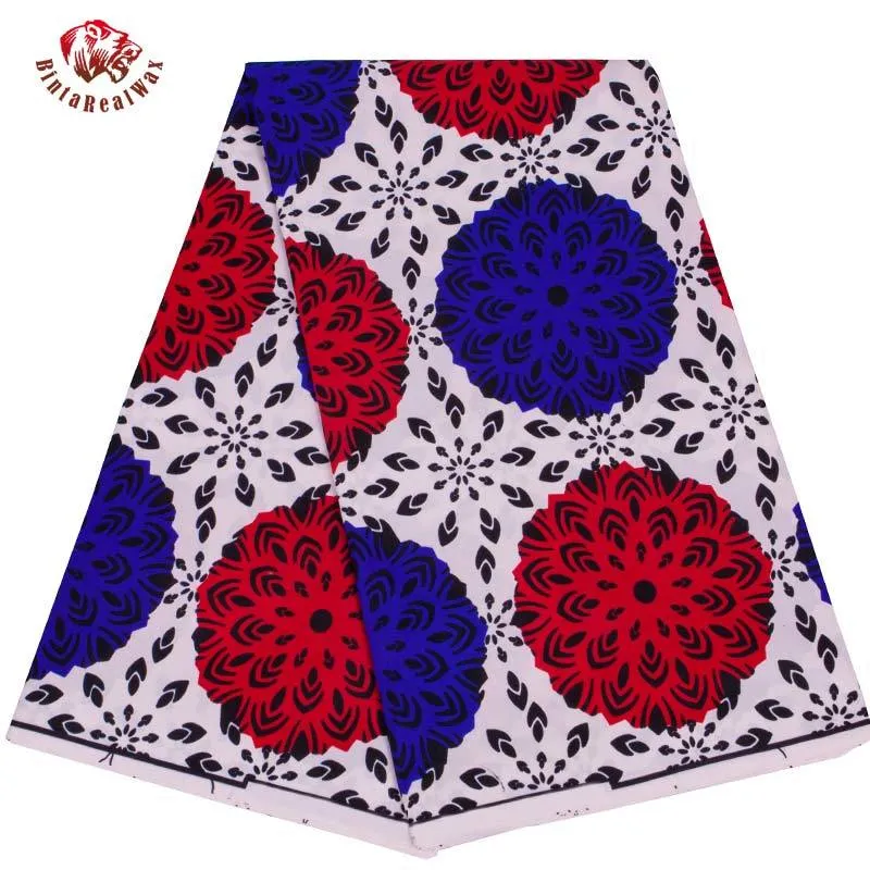 BintareAllwax 아프리카 흰색 배경 폴리 에스터 천으로 빨간색과 파란색 circel 6 야드 / 로트 재료 봉제 옷 FP6427