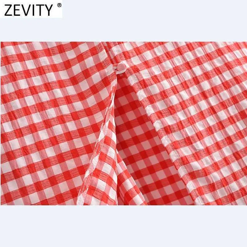 Zevity Women Vintage V Neck Red Plaid Print Breasted Sling Midi Dress Female Sexy Backless Lace Up Vestido Summer Dresses DS8351 210603