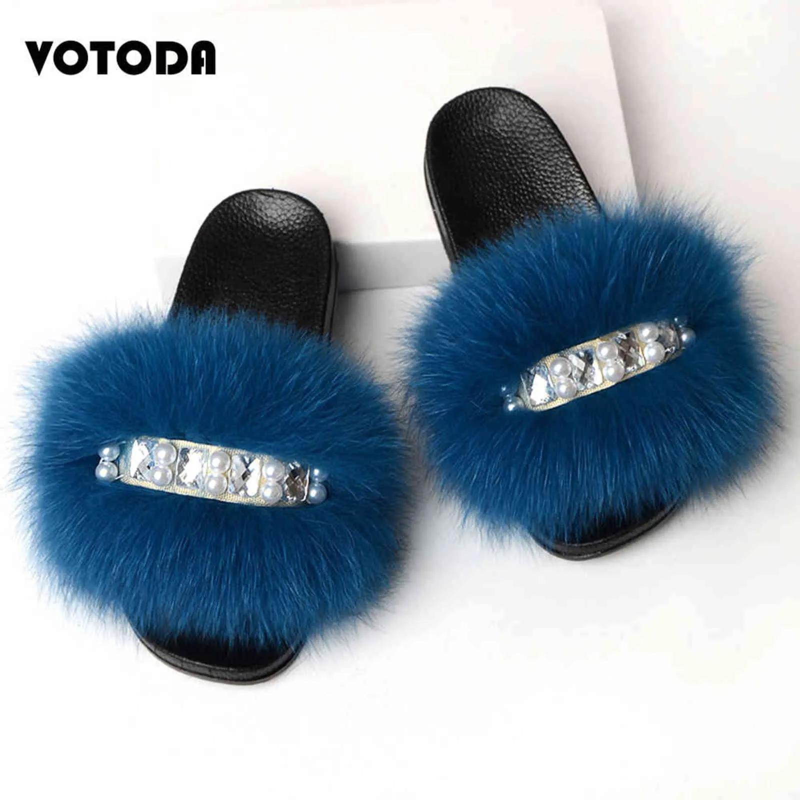 Summer Pearl Sandals Women's Furry Fur Slippers Luxury Elegant Fox Fur Slides Fluffy Soft Fur Flip Flops Girls Cute Chain Shoes H1122