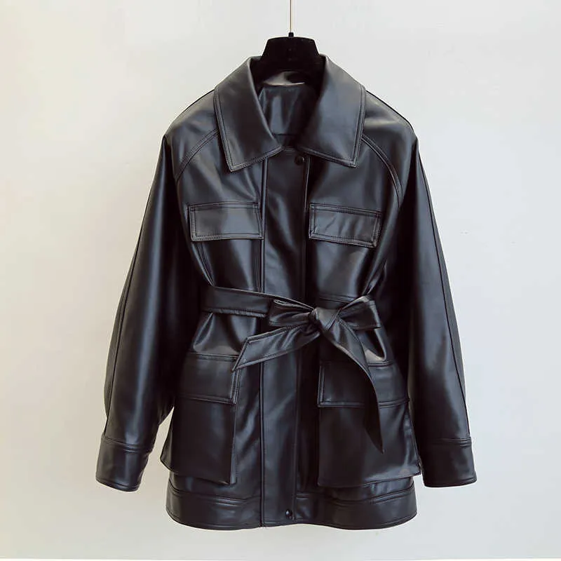 FTLZZ Slim PU Coats Women Faux Leather Jackets Vintage Motor Biker Jackets Elegant Tie Belt Waist Pockets Buttons Coats 210916