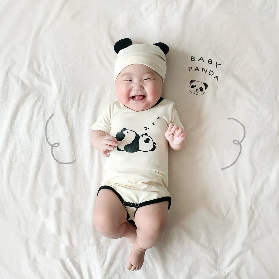 Noworodka Dziewczynka Bawełniana Panda Drukowane Body Body Lato Nowy Boddler Boy Panda Ogon Dekoracji Body + Panda Hat 210413