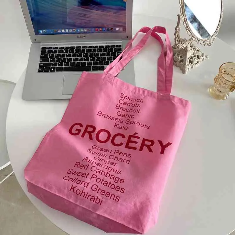 ショッピングバッグ2021夏のコットンバッグ、ピンクの印刷された手紙の買い物袋、大容量のハンドバッグ、学生の学生220310