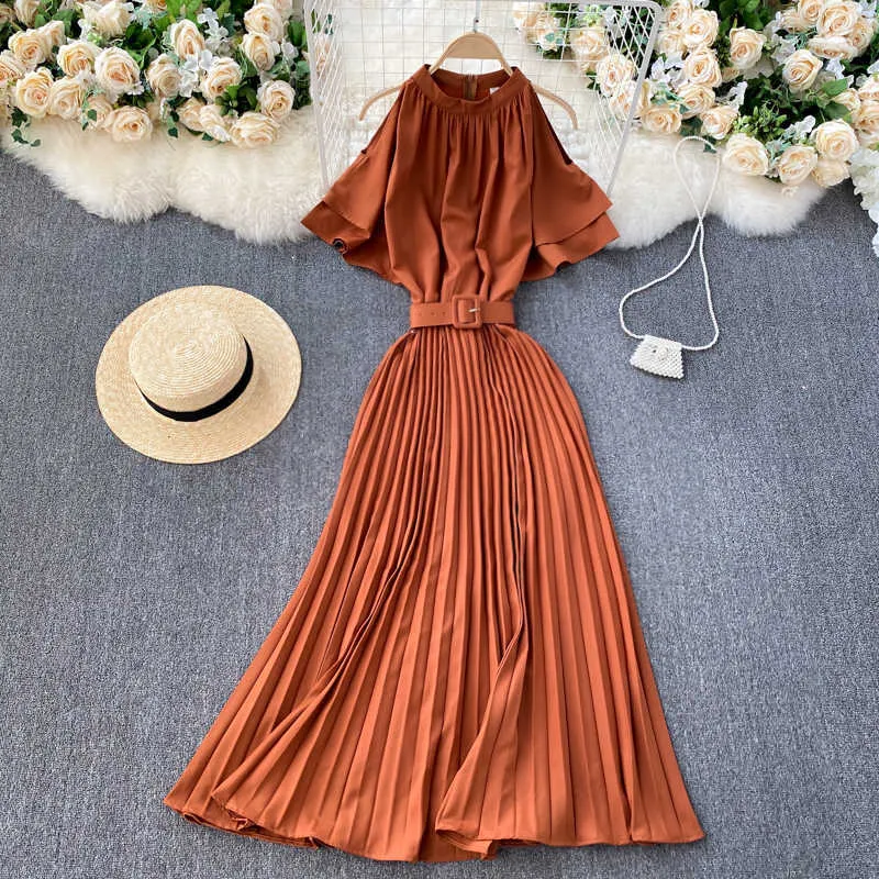 Red/Green/Khaki Pleated Long Dress Women Elegant O-Neck Short Sleeve High Waist Draped Vestidos With Sashes Female Spring Autumn Y0603