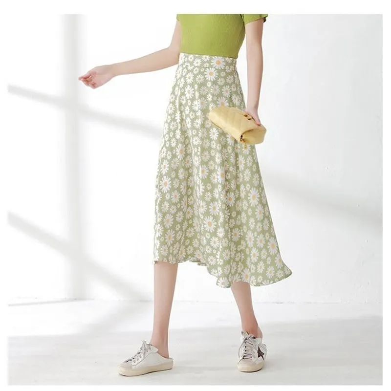 Koreaanse Daisy Chiffon Gedrukt Vrouwen Midi Rokken Hoge Taille Casual Slanke Vrouwelijke Lange Rok Vintage Zomer Mode Dames Bodems 210421