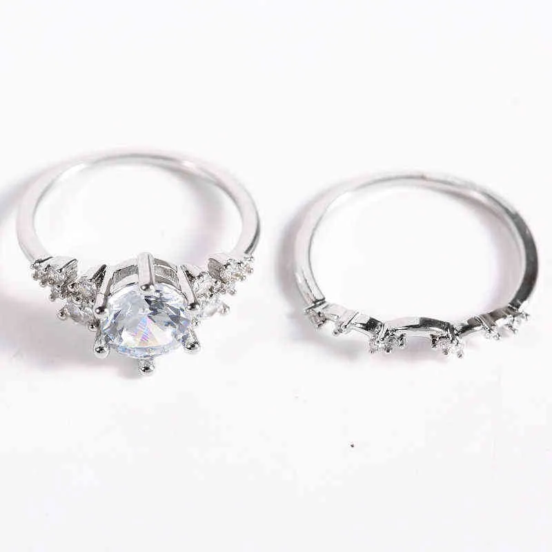 2 sztuk / zestaw Silver Color Ring Sets Z Full White Wysokiej Jakości CZ Crystal Cyrkon Dla Kobiet Dziewczyny Urok Biżuteria Zaręczyna G1125
