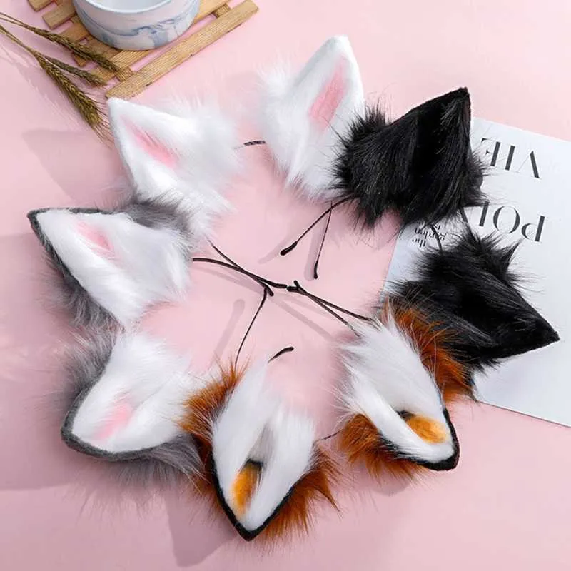 Handmade Regulowany Furry Wolf Uszy Pałąk Symulacja Puszyste Pluszowe Zwierząt Hair Hoop Kawaii Anime Cosplay Headpiece X0722