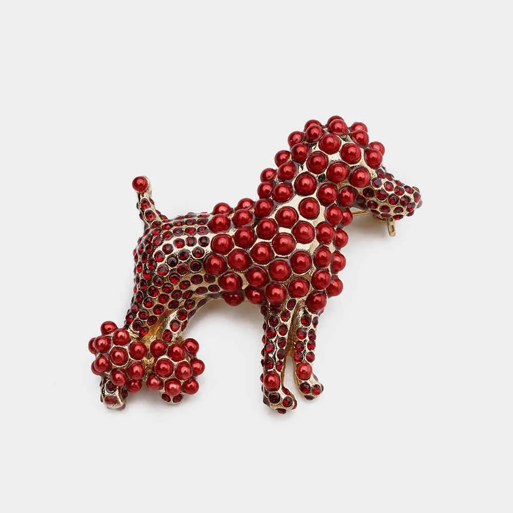 E21 rispada trendig full röd kristall söt rhinestone poodle hund brosch pin för kvinnor flicka barn gåva