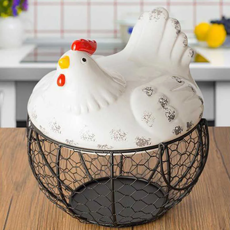 Cesta de fio de metal com cobertura de galinhas de cerâmica Cobertura de frutas Ovo decorativo armazenamento de cozinha s para itens domésticos E 210609