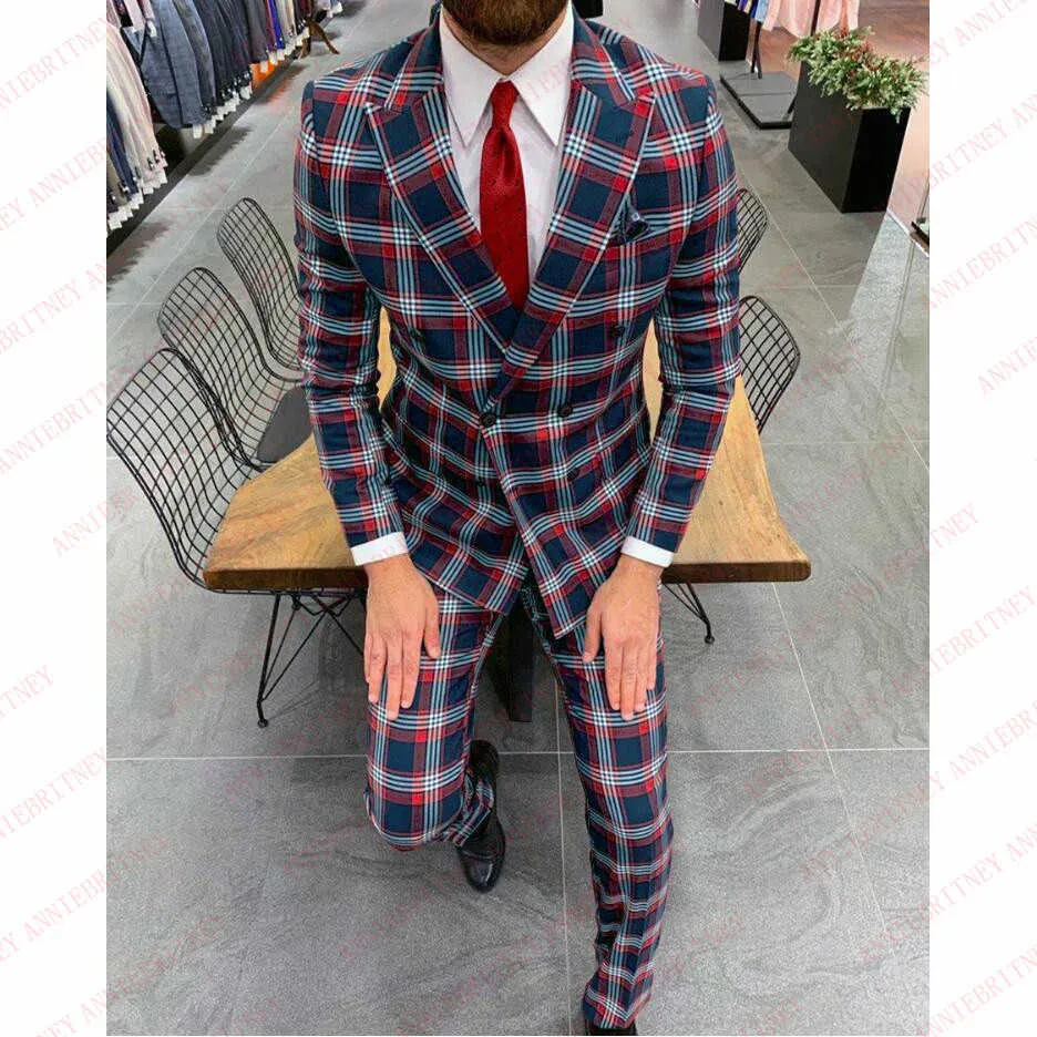 2020 Red Suit Men British Stylish Double Breasted Men's Suit Slim Fit Tailor-made Plaid Stage Performance Wedding Dress Tuxedos X0909