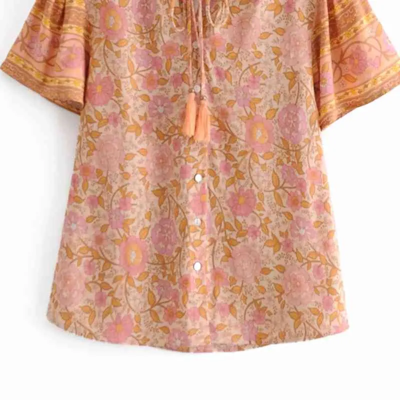 Spring Women Flower Printing Puff Sleeve Shirt Ethnic Style Smock Female Stand Collar Blouse Lady Loose Tops Blusas S8590 210430