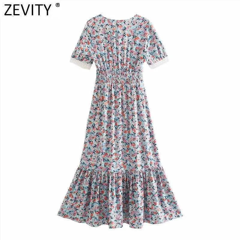 Zevidade Mulheres Elegante V Pescoço Cópia Floral Preto Ruffles Midi Vestido Feminino Retalhamento Relógio Elástico Vestido Chic Boho Vestidos DS8332 210603