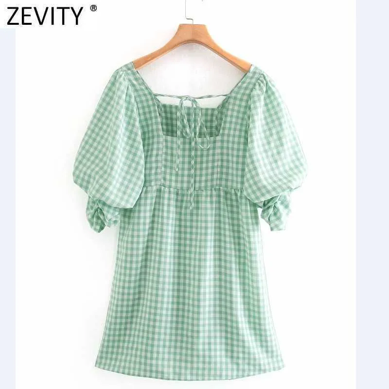 Zevity Women Vintage Square Collar Plaid Print Casual Vestidos Ladies Peats Back Lace Up Casual Slim Kimono Dresses DS4287 210603