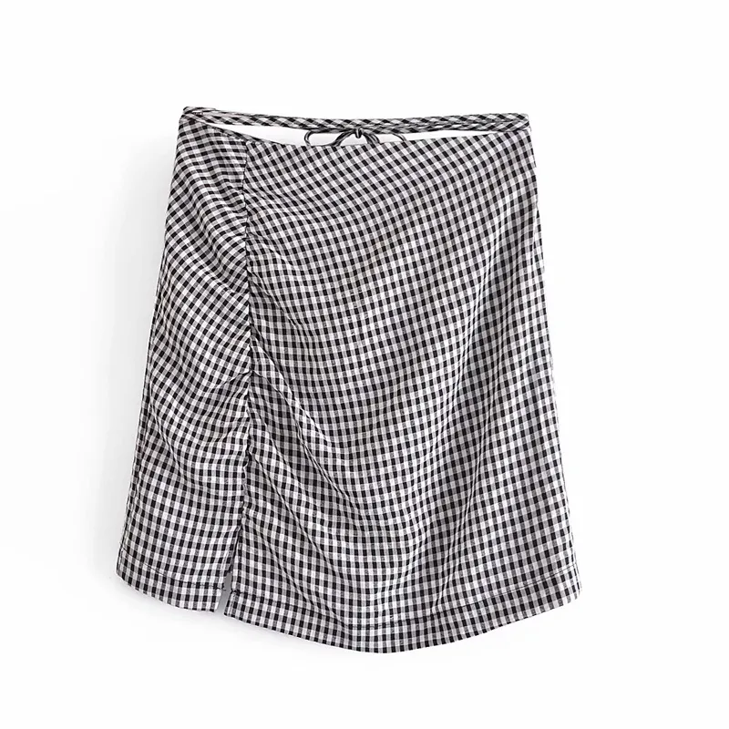 Frauen Sommer Plaid A-Line Mini Röcke ZA Plissee Bandage Fliege Süße Weibliche Elegante Straße Rock Botton Kleidung 210513