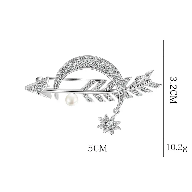 Luxury Copper Moon Arrow Shape Brooches Corsage Silver Color Star Simulated Pearl Wedding Bridal Brooch Collar Clip