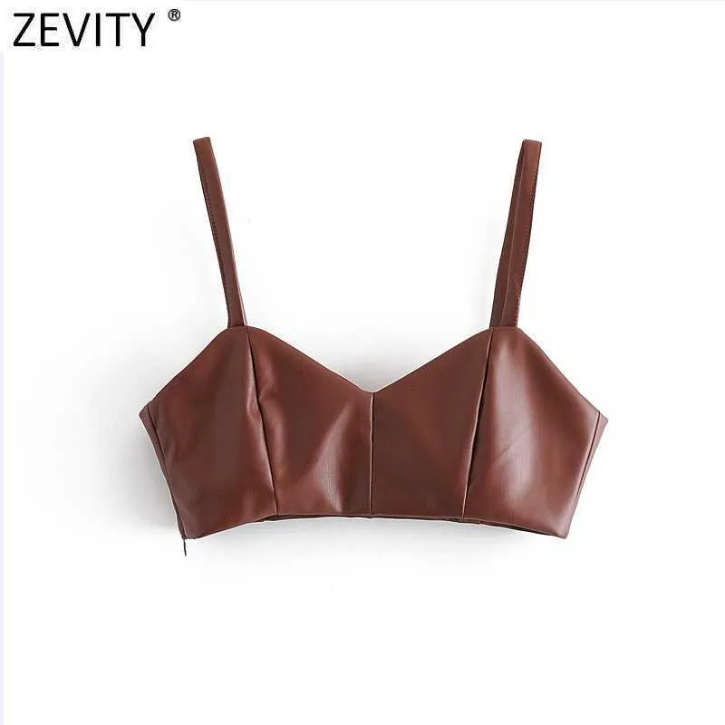 Zevity Femmes Spaghetti Sangle Sexy Faux Cuir Chic Court Camis Débardeur Dames Été Dos Nu Side Zipper Sling Tops LS7370 210603