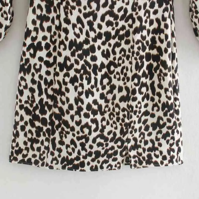 Women Leopard Print Shoulder Pleating Mini Dress Casual Female Three Quarter Sleeve Clothes Lady Slim Vestido D6751 210430