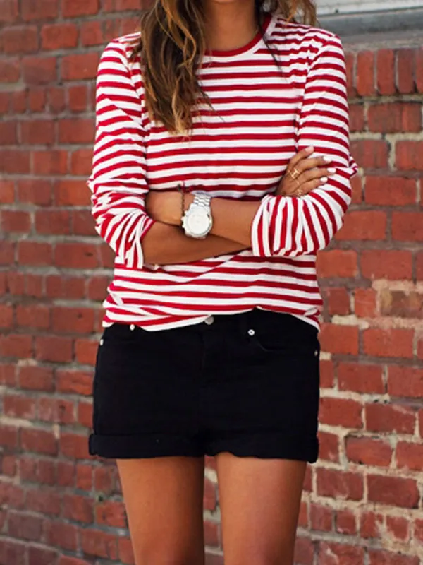 Women T-Shirt Casual Red White Striped Print Long Sleeve Loose Female Basic O-Neck Tops Fashion Ladies Streetwear 210522