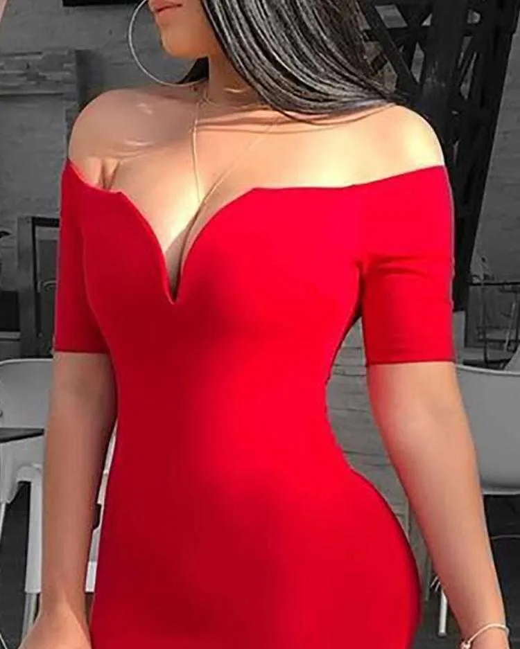 2019 vrouwelijke sexy diepe v-hals off schouder bodycon jurk vrouwen korte mouw solide schede midi jurk y0603