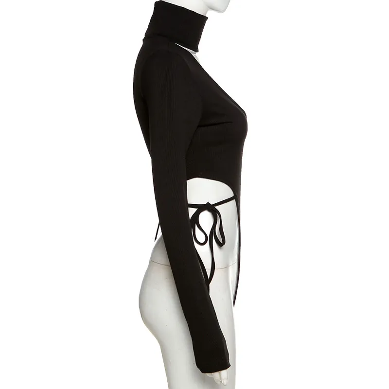 Isarose Side Lace-up Bodysuits Mode Lange Mouw Een-delige Doek Vrouwelijke Geribbelde Knit Turtleneck Choker Diepe V Bodysuit met Pin 210422
