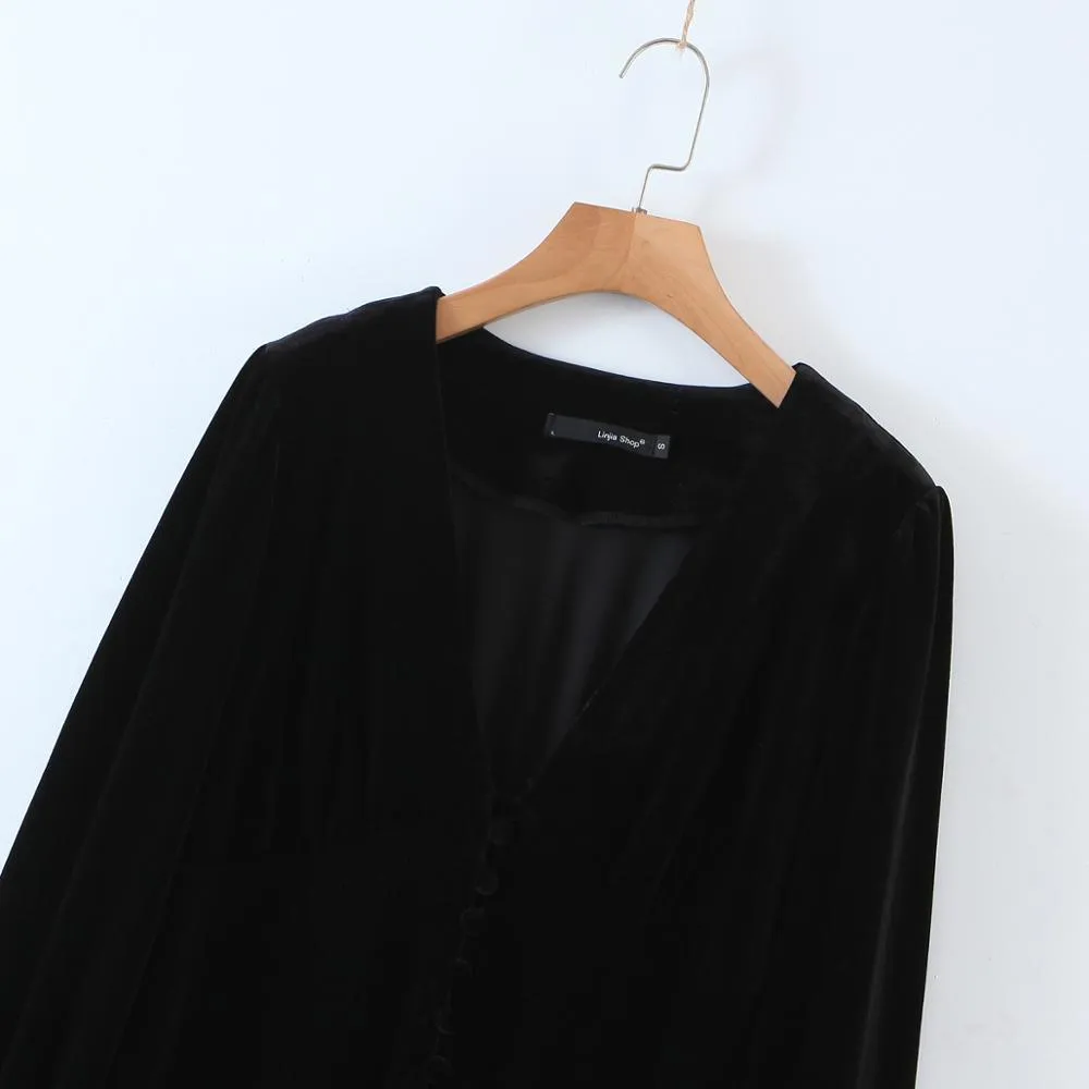 Höst Vinter Retro Deep V Neck Långärmad Velvet Klänning Fransk stil Kvinnor Slim Waist En Linje Velour Party Dresses Black 210429