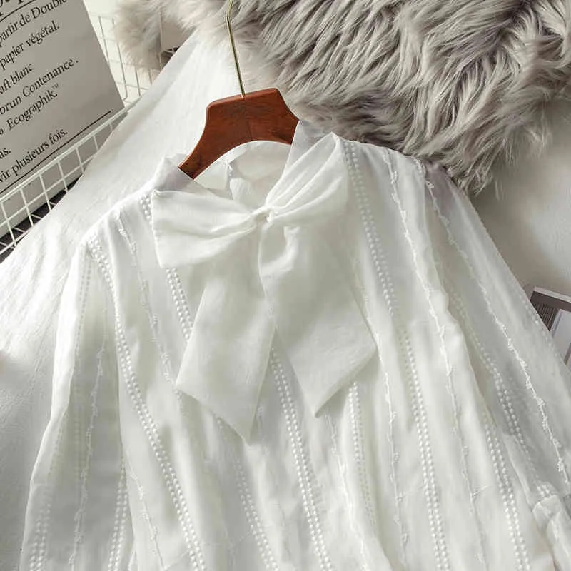 Ezgaga Chemise Femmes Blanc De Mode Arc O-cou Vintage À Manches Longues O-cou Parti Blouse Corée Style Offcie Dame Chemises Élégant 210430
