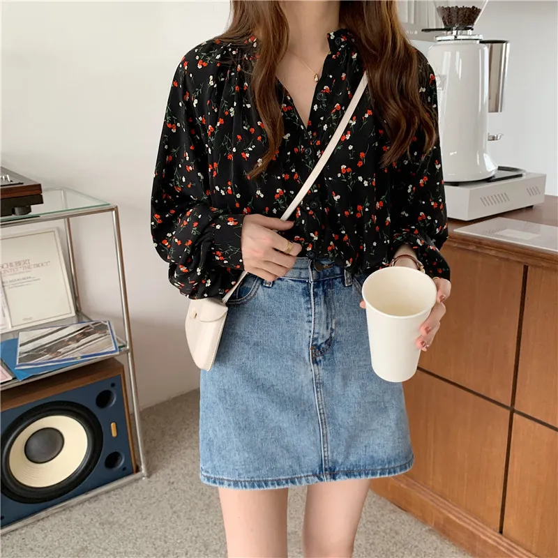 Casual Plus Size Loose Chiffon Blouse Blusas Höst Puff Sleeve Blomstryck Kvinnor T-shirts Cardigan Ladies Toppar 10316 210415