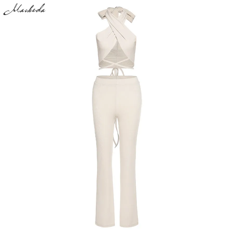 Macheda Spring Solid Knitting Slim Two Piees Set Women Sexy Sleeveless Criss-Cross Tank Top And High Waist Trousers Outfit New X0428