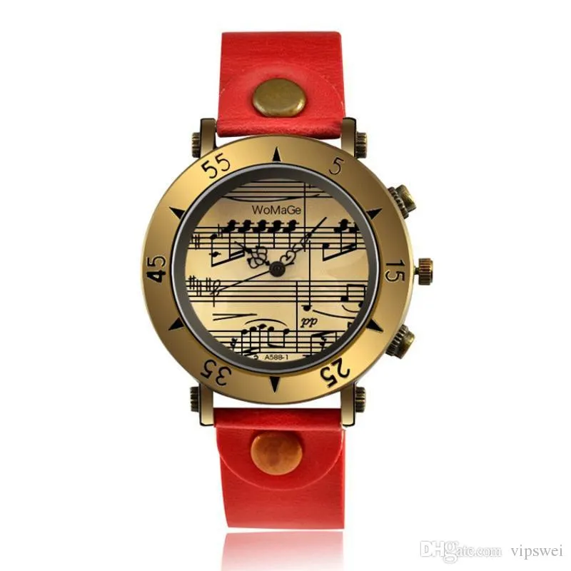 12-hour Display Quartz Watch Retro PU Strap Metal Bronze Case Music Note Markers Unisex watches Ancient Roman style262I