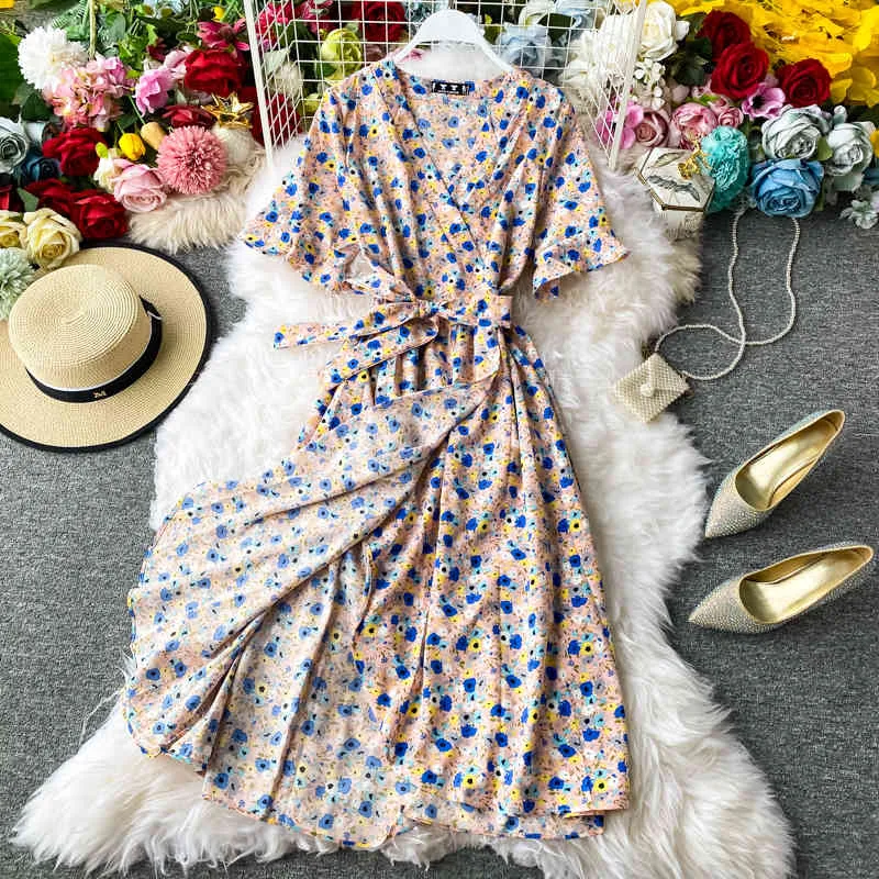 Floral gasa Vestidos vendaje cintura alta verano Vestidos mujeres cuello pico Sexy moda Midi vestido coreano 16651 210415