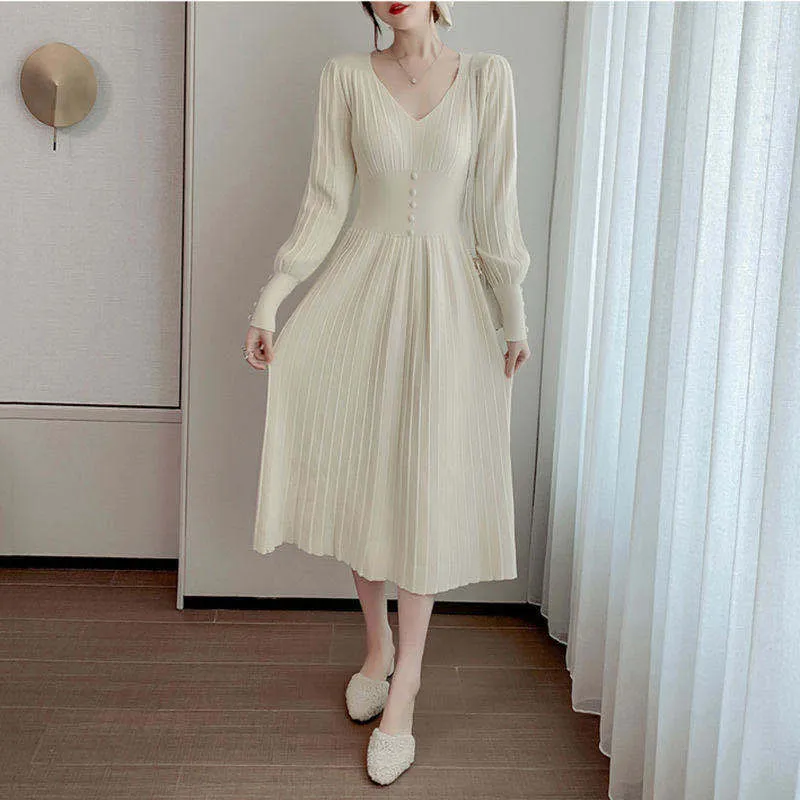 Winter Knitted Dress Women Casual Long Sleeve Office Sweater Dress Female V-neck Button Korean Style Autumn Chic 210521