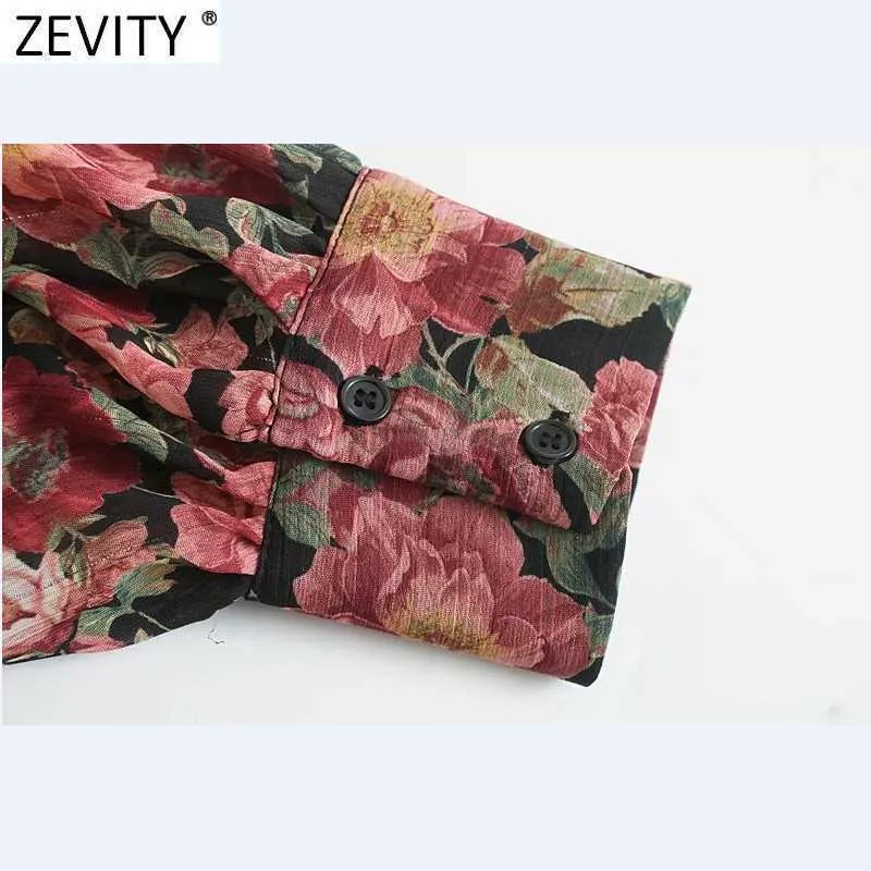 Zevity Women Vintage V Neck Floral Print Striped Pleated Mini Dress Female Pleat Puff Sleeve Casual Slim Vestido DS5030 210603