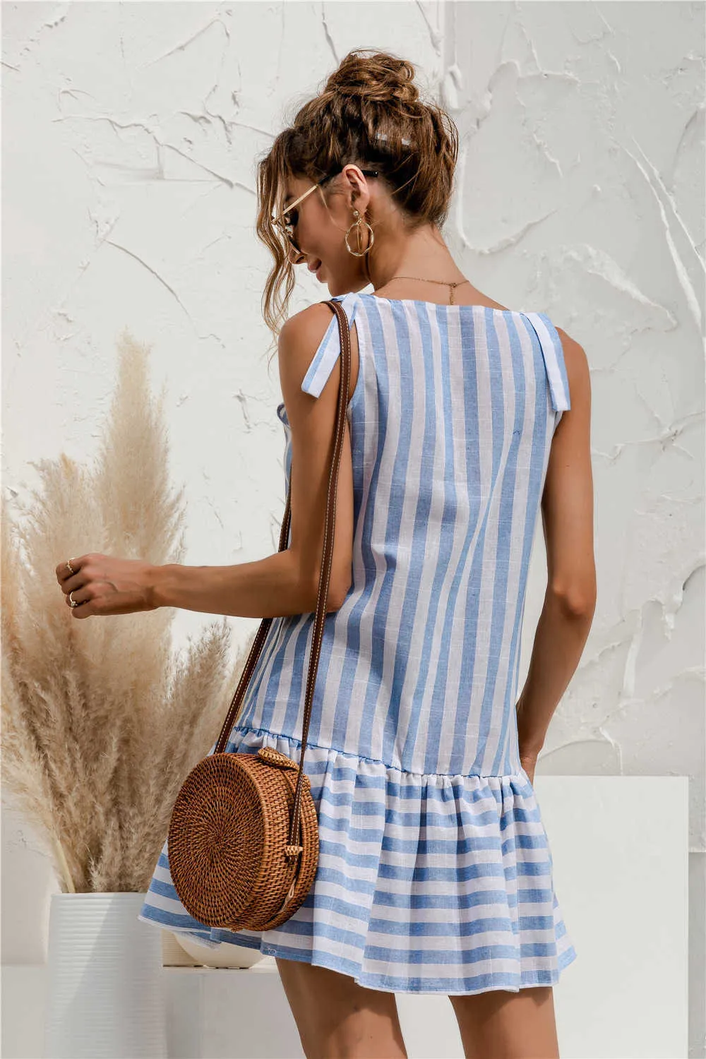 Casual Striped Cotton Linen Mini Dress Women Sexy V Neck Strap Sleeveless Button Patchwork Ruffles Loose Summer Dresses Vestidos 210526