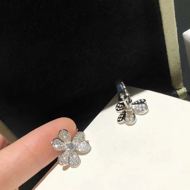 Boucles d'oreilles de marque en argent Sterling 925 pur, trèfle à 3 feuilles, fleur, clous pleins de diamants, or blanc 925231E