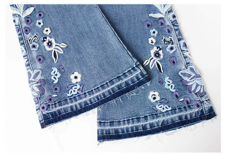 Logami kwiat Haft Skinny Jeans Kobieta Vintage Flare Dżinsowe Spodnie Damskie 210922