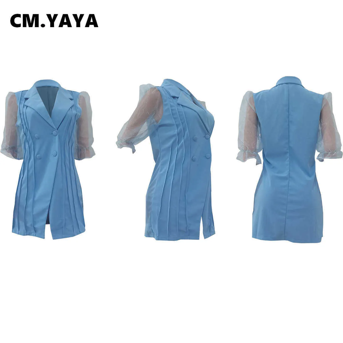 CM.YAYA Femmes Blazers Solide À Manches Courtes Col Cranté Double Boutonnage Slim Tops Bureau Dame Mode Vêtements Été 211019