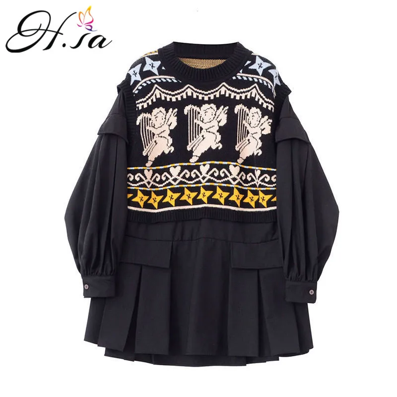 H.SA lente kleding voor vrouwen Koreaanse stijl trui en truien nep 2 stuks patchwork knitwear oversized tops trek femme 210417