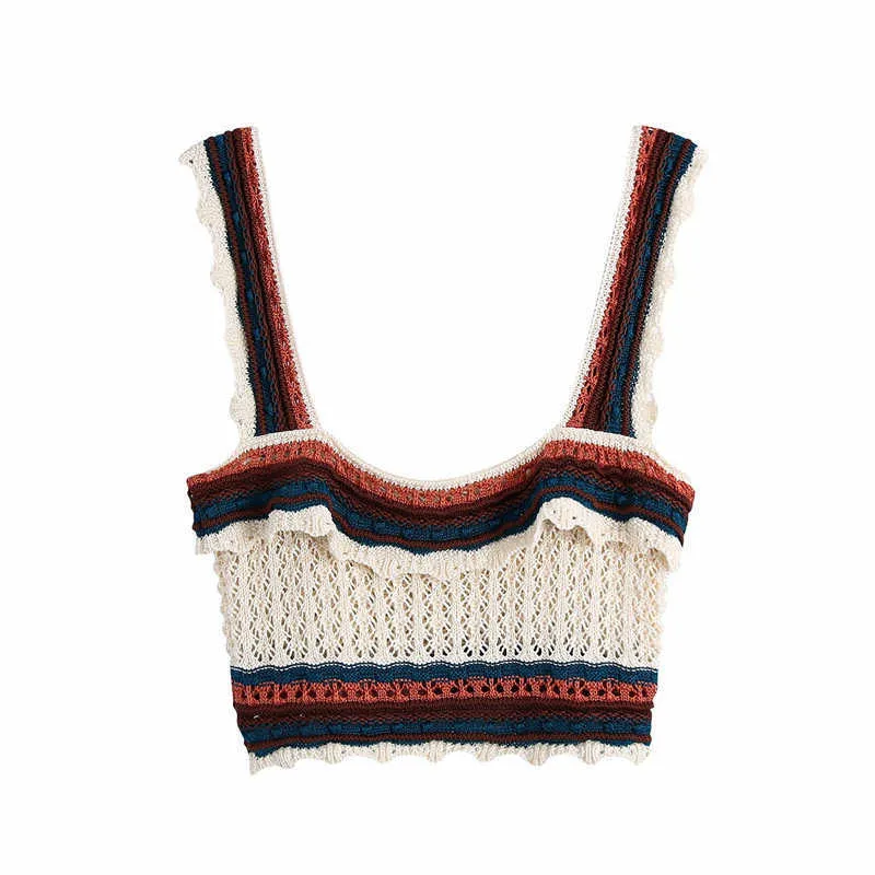 ZA Crochet Knit Cropped Débardeur Débardeur Femmes Sans manches larges Sans manches Vintage Tops d'été Chic Ruffle Camis 210602