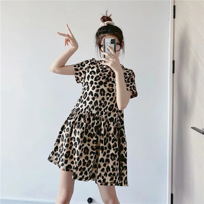ドレス女性の織り目加工ボタンヒョウの短い女性夏のファッション動物プリント襟付きスリーブレディースES 210519